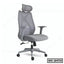Ergonomic grey mesh office chair with headrest, adjustable armrests, and rolling base