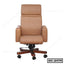 Brown leather executive office chair with armrests and wooden base on casters