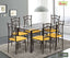 Modern glass dining table set with six metal chairs, yellow cushions, in a bright room