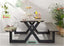 Modern black picnic table with benches set indoors, styled with drinks and plants, SDT047 model.