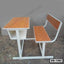 Wooden school bench with attached desk and metal frame for classroom seating