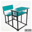 Green and black metal school bench with attached desk and seating for two students