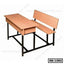 Wooden school bench with attached desk and metal frame, classroom furniture for students