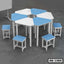 Hexagonal blue and white school desk set with six matching stools on a grey tile floor.