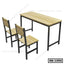 Wooden school bench with metal frame and two matching chairs for classroom or study use