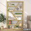 Modern geometric wooden bookshelf with plants, books, decor, and globe in a living room