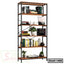 Modern wooden and metal bookshelf with books, decor, and potted plants, ideal for home or office
