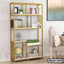 Modern wooden bookshelf with open shelves, books, decor, and plants in a home office setting
