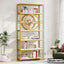Modern gold metal bookshelf with decorative geometric design, decor items, and books in a living room.