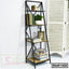 Modern ladder bookshelf with black metal frame and wooden shelves, holding books, plants, and decor