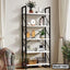 Modern metal and wood bookshelf with decor items, books, and plants in a stylish living room