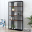 Modern metal and wood bookshelf with decor, books, and plants for home or office interior