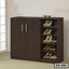 Modern wooden shoe rack with shelves and cabinet, holding assorted footwear in a home interior.