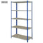 Slotted angle rack with five shelves, blue metal frame, industrial storage shelving unit