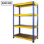 Slotted angle rack with four shelves, blue and yellow metal frame, model SAR-028
