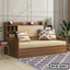 Modern wooden sofa cum bed with shelf and colorful cushions in a bright living room