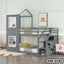Gray steel bunk bed with storage stairs, house-shaped frame, and two beds in a modern bedroom.