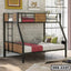Modern steel bunk bed with wooden panels, ladder, and colorful bedding in a stylish bedroom