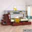Steel bunk bed with wooden storage drawers and side stairs in modern bedroom