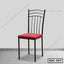 Steel dining chair with black frame and red cushioned seat on wooden floor