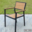 Modern steel dining chair with wooden slats and black frame, outdoor setting