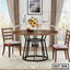 Modern steel and wood dining table with two chairs in a bright living room setting