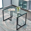 Modern glass and steel dining table SDT-511 on a rug in a contemporary room