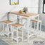 Modern steel dining table set with four stools, light wood top, white frames, indoor setting