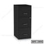Black steel file cabinet with three drawers and locking mechanism, office storage furniture