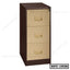 Steel file cabinet with three beige drawers, brown frame, and lock for office storage
