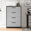 Modern steel file cabinet with four drawers in a contemporary office setting