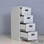 Steel file cabinet with four open drawers for office document storage on a white floor