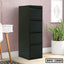 Black steel file cabinet with four drawers in a modern office setting, next to a plant and desk.