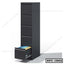 Tall black steel file cabinet with five drawers, one open showing hanging folders, office furniture