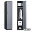Tall steel office locker with hanging rod, shelves, files, shirt, box, and shoes visible.