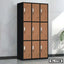 Steel office locker cabinet with nine brown doors and locks, placed against a wall indoors.