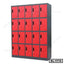 Steel locker cabinet with 18 red doors, ideal for office and storage organization