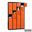 Steel office locker cabinet with orange doors and multiple compartments, some open showing storage.
