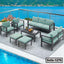 Modern steel outdoor sofa set with light blue cushions on a patio by a pool and waterfront view
