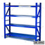 Blue metal storage rack with four shelves, ideal for office or home organization