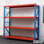 Heavy-duty metal storage rack with four orange shelves and blue frame for office or warehouse