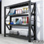 Black metal storage rack with trophies, folders, and office supplies in a modern office setting