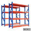 Heavy-duty blue and orange metal storage rack with four shelves for warehouse or office use