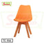 Modern orange tulip chair with wooden legs and cushioned seat on white background