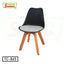 Modern black tulip chair with wooden legs and gray cushioned seat on white background