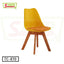 Modern yellow tulip chair with wooden legs and cushioned seat on white background