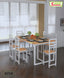 Modern dining table set with six wooden chairs, white metal frames, and tableware in a bright room.