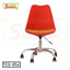 Red tulip office chair with adjustable height, chrome base, casters, and orange cushion