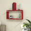 Modern red wooden wall shelf with books and decor in a living room setting
