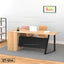 Modern office desk set with wooden L-shaped table, beige chair, laptop, and shelf